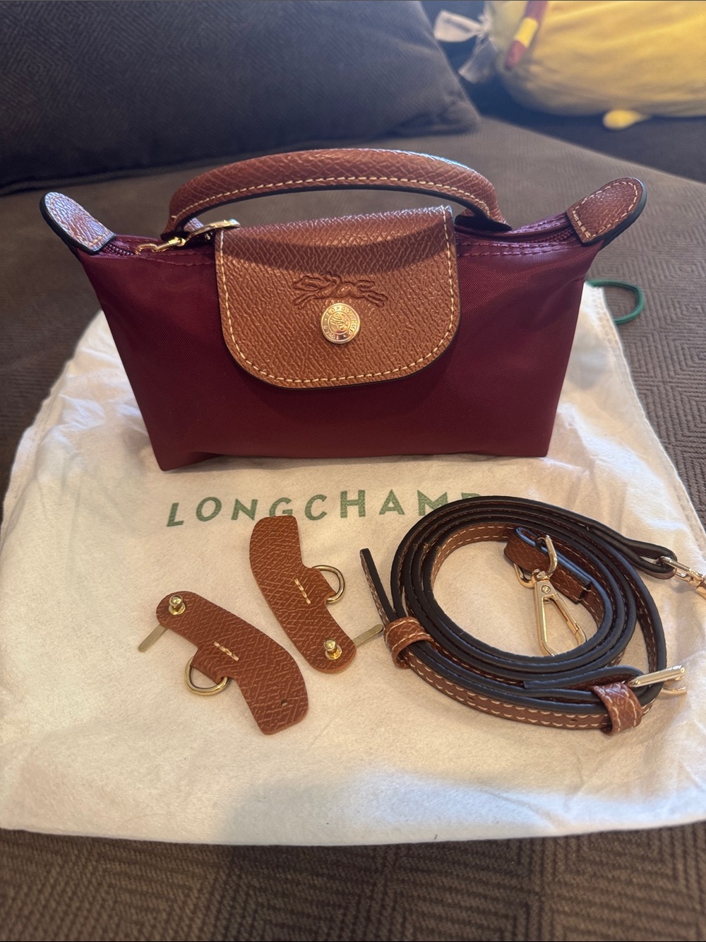 Longchamp Small Crossbody Bag in Burgundy with Brown Trim